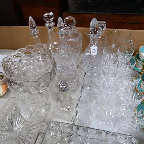 515 - Glass decanters and stoppers, jug, a set of 10 crystal goblets etc