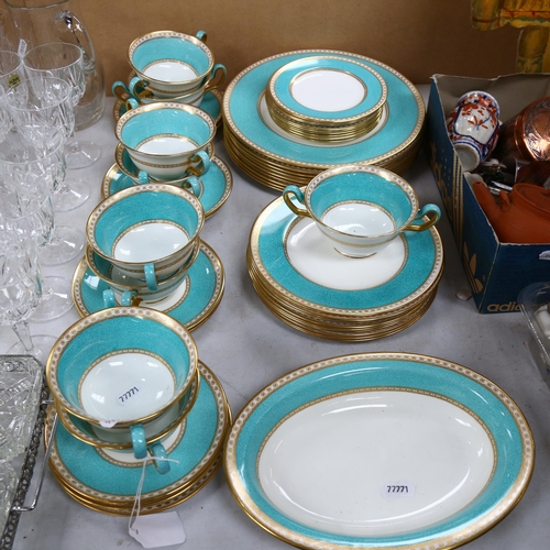 516 - Wedgwood bone china dinnerware with turquoise and gold pattern borders