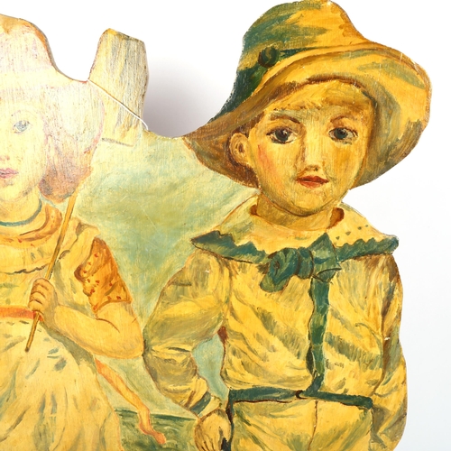 518 - A Vintage painted wood study of 2 children at the seaside, 81cm