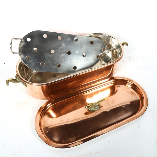 521 - A Reneka copper and brass fish kettle, with liner, length 37cm overall