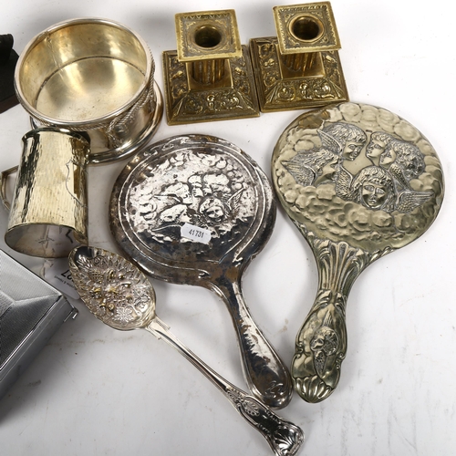 527 - Silver-backed hand mirror and another, squat brass candlesticks, chrome cigarette box etc