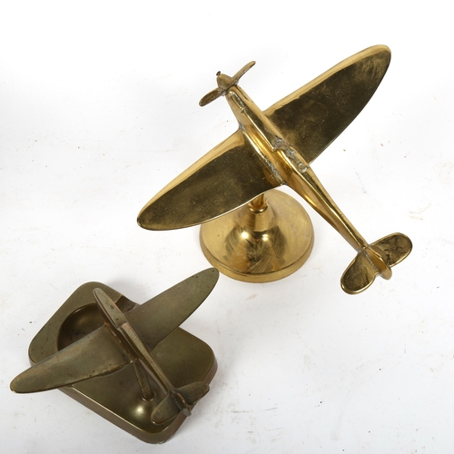 528 - 2 Vintage brass model aeroplanes on stands, largest wingspan 20cm