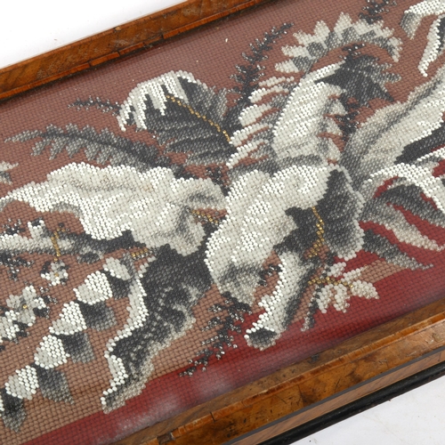 536 - A Victorian tray on feet with inset beadwork panel under glass, 62cm overall