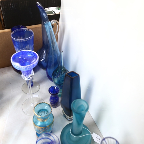 570 - A group of blue glass, including overlay glass vase, 23cm, Langham etc