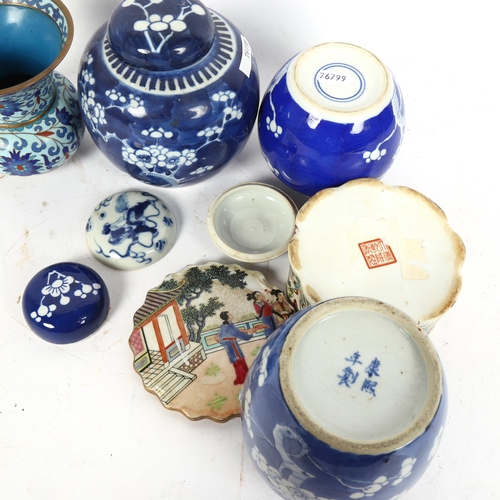 429 - 3 Chinese blue and white Prunus pattern ginger jars, cloisonne enamel brass thistle vase etc, larges... 