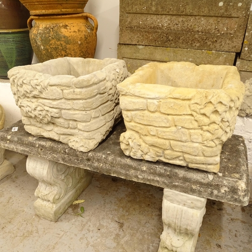 2672 - A pair of square concrete garden planters with brick and ivy decoration, W35cm, H28cm