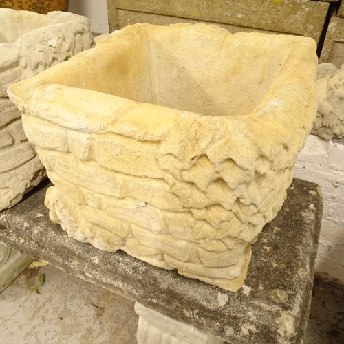 2672 - A pair of square concrete garden planters with brick and ivy decoration, W35cm, H28cm