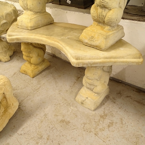 2673 - A 3-section concrete curved garden seat on squirrel plinths, L103cm, H45cm