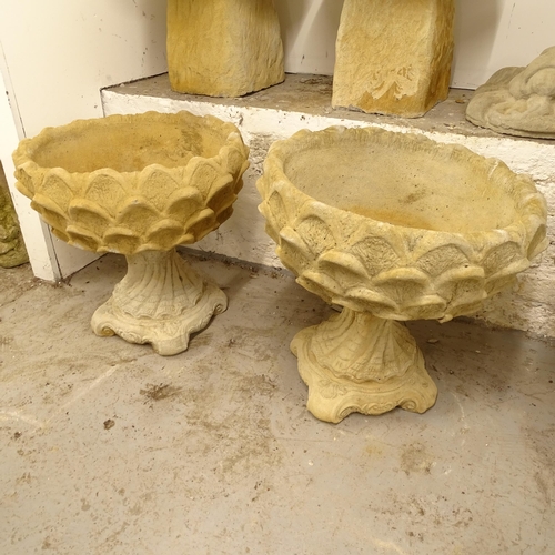 2675 - A pair of circular concrete 2-section urns on stands, D50cm, H50cm