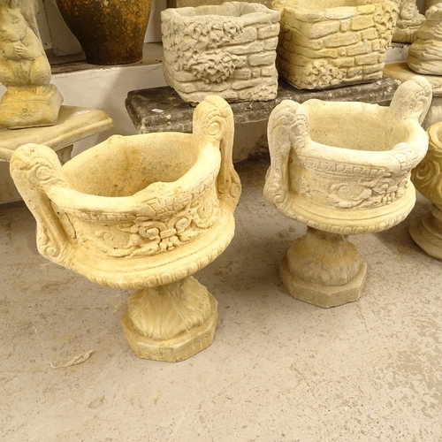 2678 - A pair of concrete 2-handled garden urn planters, on pedestals, W46cm, H58cm