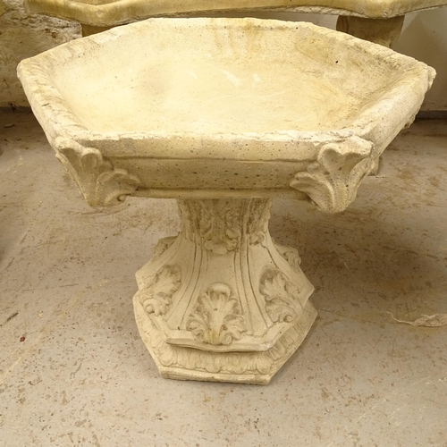 2679 - A hexagonal concrete bird bath on stand, W47cm, H51cm