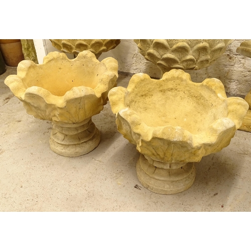 2680 - A pair of circular concrete garden planters on pedestals, D45cm, H36cm