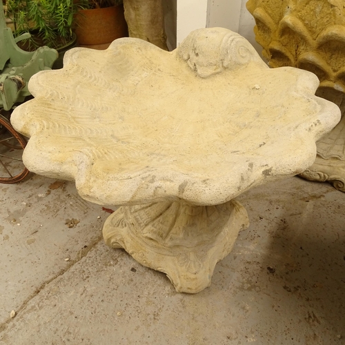 2681 - A shell design concrete bird bath on stand, W50cm, H42cm