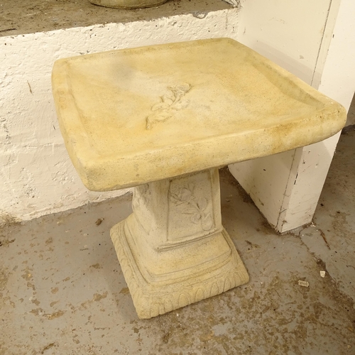 2683 - A concrete square-top bird bath, on stand with rose decoration, W40cm, H50cm