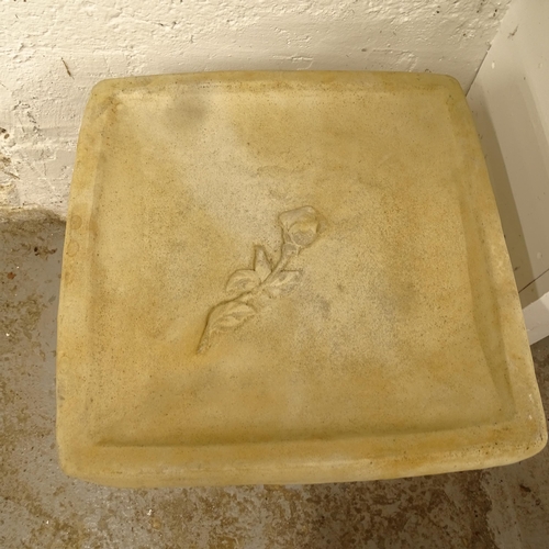 2683 - A concrete square-top bird bath, on stand with rose decoration, W40cm, H50cm