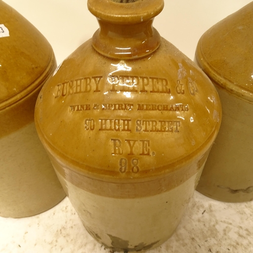 2686 - 3 stoneware flagons, 1 marked Bushby Pepper & Company of Rye, H35cm