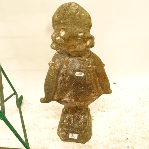 2688 - A weathered concrete garden ornament in the form of a girl, H60cm, a cast-iron boot scraper, and a g... 