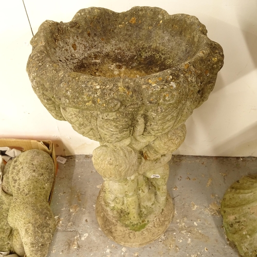 2691 - A weathered concrete bird bath, with Three Graces decoration, W30cm, H56cm