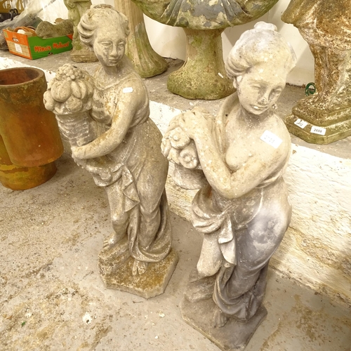 2692 - 2 similar concrete garden statues, ladies with flowers, H88cm