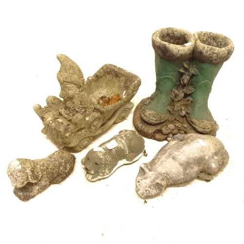 2693 - A group of weathered concrete garden ornament, including a pair of boots, and cat etc (5), largest W... 