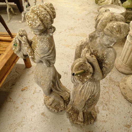 2710 - 2 weathered concrete garden statues/water features, in the form of girls, tallest H100cm