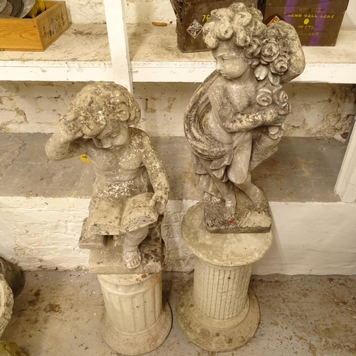 2711 - A weathered concrete garden statue, in the form of a boy with book, H65cm, and another, H75cm, and 2... 