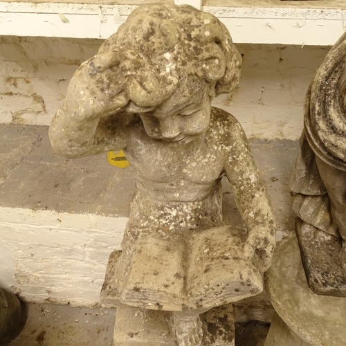 2711 - A weathered concrete garden statue, in the form of a boy with book, H65cm, and another, H75cm, and 2... 