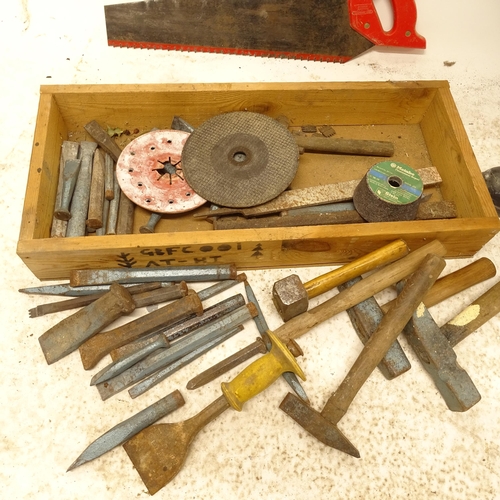 2713 - A pine box containing numerous stone mason / carving tools