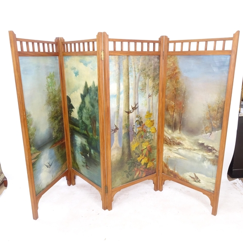 2425 - A hardwood-framed folding screen with oil on canvas painted panels, L268cm, H171cm