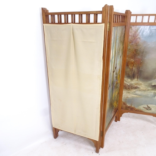 2425 - A hardwood-framed folding screen with oil on canvas painted panels, L268cm, H171cm