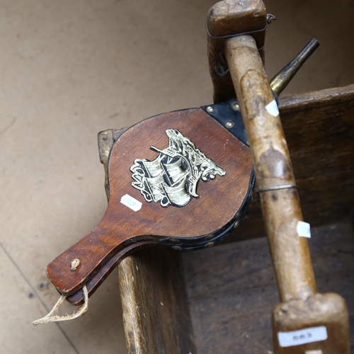 583 - Oriental wooden bucket, and a pair of bellows