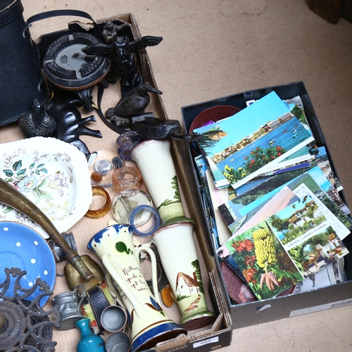 584 - Binoculars, postcards, Devon Ware etc