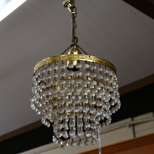 623 - 2 brass small chandeliers with 3 tiers of lustre drops