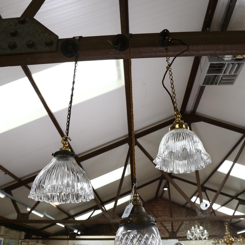 630 - Vintage cut-glass and brass pendant light fitting, 2 hanging moulded glass light shades with shaped ... 