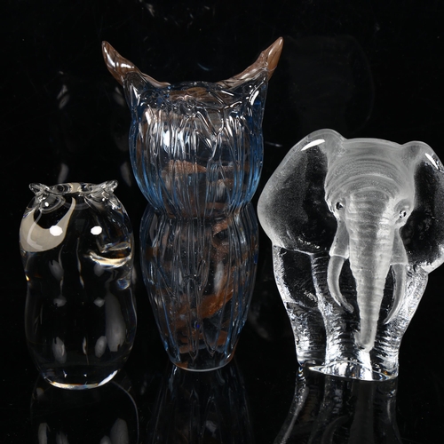 649 - Murano glass owl, Langham Crystal owl, and a Royal Krona elephant, 15cm