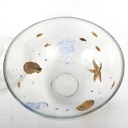 664 - Large glass vase on foot, 42cm, and a glass bowl with seashell and starfish decoration