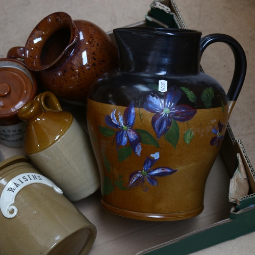 677 - Storage jars, stoneware jug with painted flowers, and a Denby jug