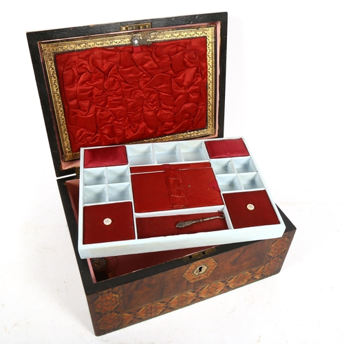 703 - A Victorian marquetry inlaid walnut sewing workbox, with fitted interior tray, W30cm, H15cm, D22cm