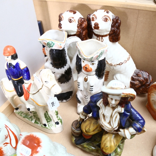 708 - Reproduction Staffordshire figures, including Spaniels, rabbits etc, largest height 30cm