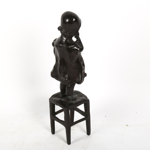 722 - After Juan Clai, bronze sculpture, girl standing on stool, unsigned, height 30cm