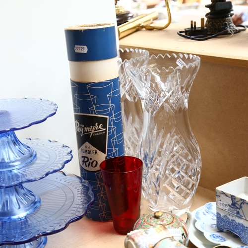 744 - A pair of cut-crystal vases, 30cm, a set of Rio tumblers, and a graduated set of 3 moulded blue glas... 