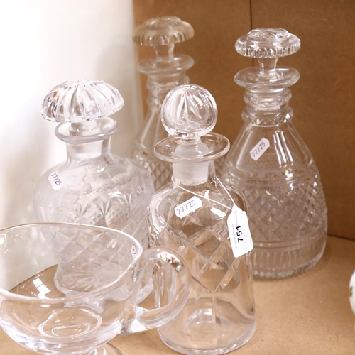 751 - A pair of cut-crystal decanters and stoppers, height 27cm, 2 other decanters, and a clear glass jug,... 