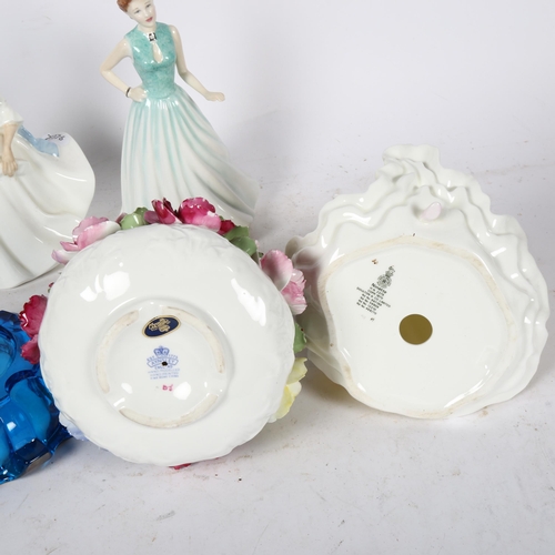 774 - 4 Royal Doulton figures, an Aynsley floral arrangement, and a glass dish