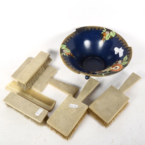 789 - An Art Deco shagreen-effect dressing table set, and a Crown Devon bowl