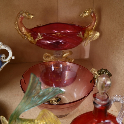 878 - Murano glass table centre dishes, fish, cranberry glass scent flask, Hummel figure etc