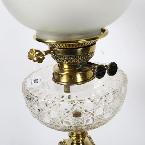 890 - A Victorian cast and pierced brass oil lamp, with cut-glass font, chimney and shade, 68cm