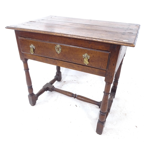 2330 - A 19th century oak lowboy, with single drawer, and H-shaped stretcher, L82cm, H72cm, D54cm