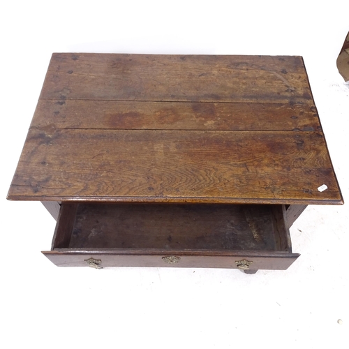 2330 - A 19th century oak lowboy, with single drawer, and H-shaped stretcher, L82cm, H72cm, D54cm