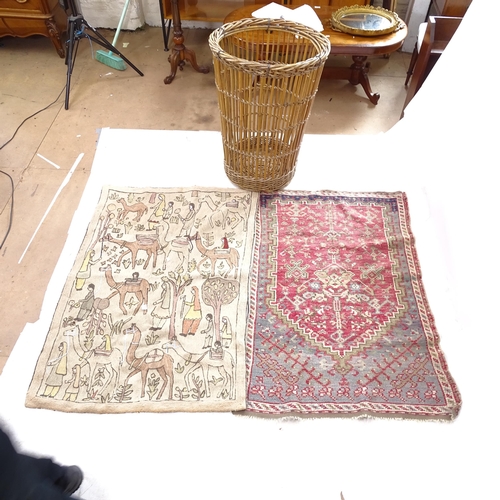 2383 - A Persian style prayer rug, a chain stitch wall hanging, and a wicker laundry basket (3)