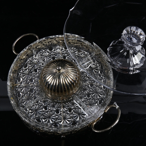 1201 - A French plated 2-handled hors d'oeuvres dish with glass liner, and a Villeroy & Boch glass cake sta... 